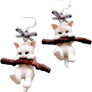 Lovely White Cat Earrings 3D Resin Cat Hug a Branch Drop Dangle Earrings
